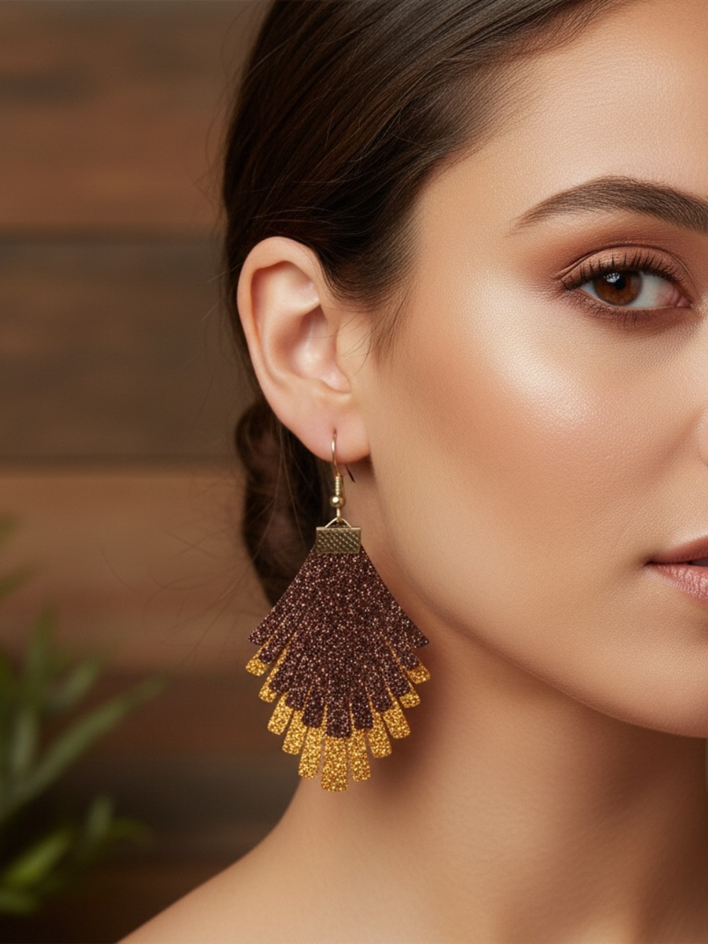 Gold & Brown Glitter Fan Drop Earrings by